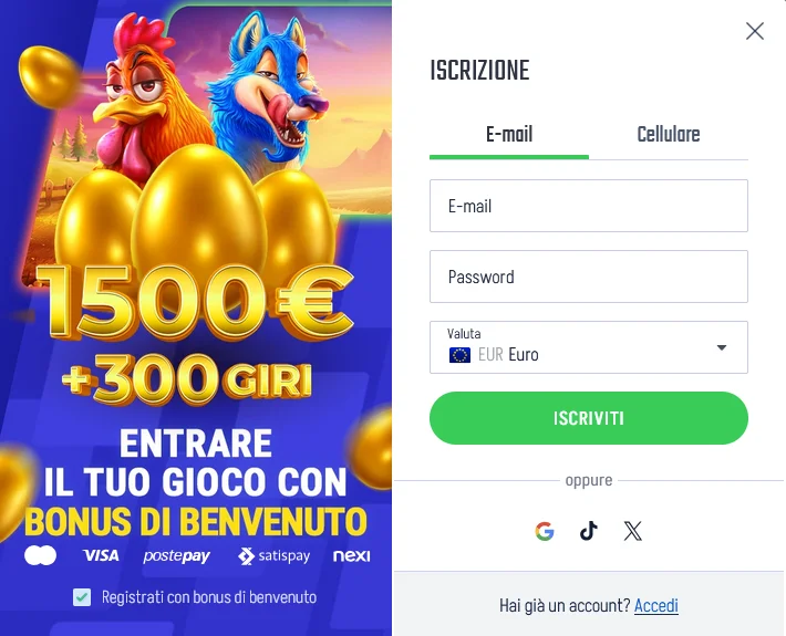 Modulo di registrazione Winnita con inserimento email, password, dati personali, data di nascita, paese di residenza e verifica KYC tramite documenti