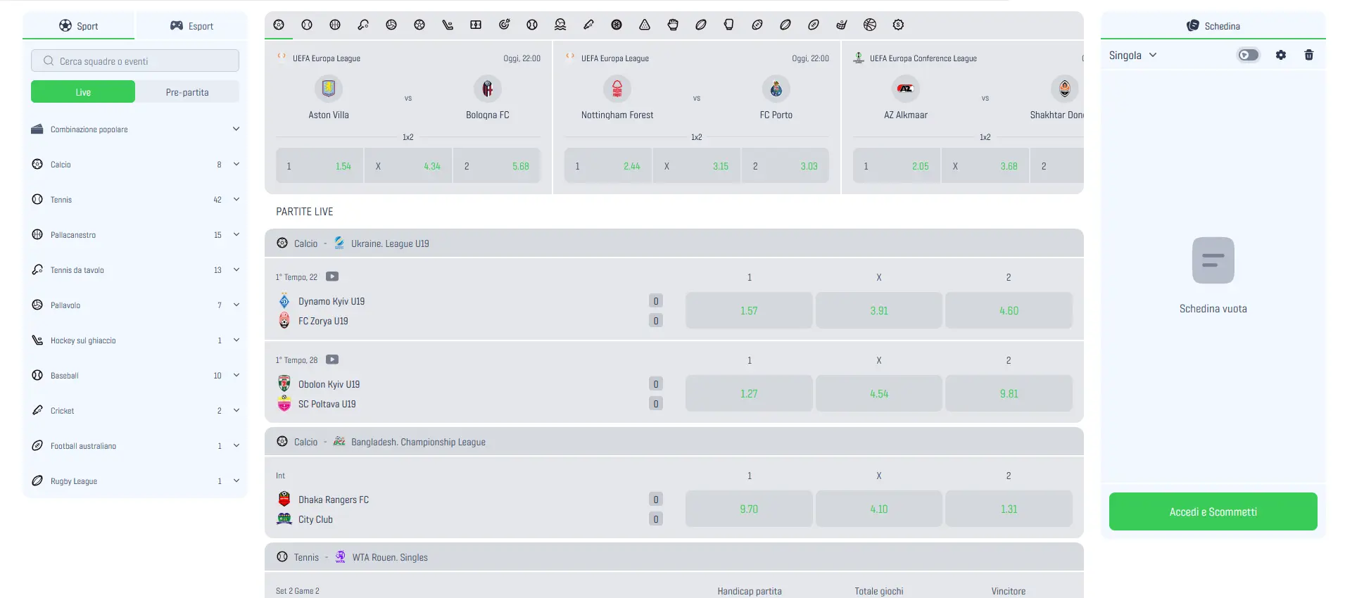 Esperienza sportsbook Winnita con scommesse pre-match e in-play su calcio, basket, tennis, hockey e sport virtuali con quote in tempo reale